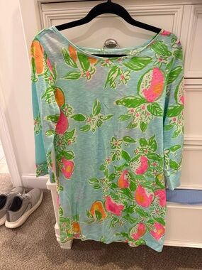 Lilly Pulitzer Aqua Floral-Print Boatneck Tunic with Pink & Orange Accents